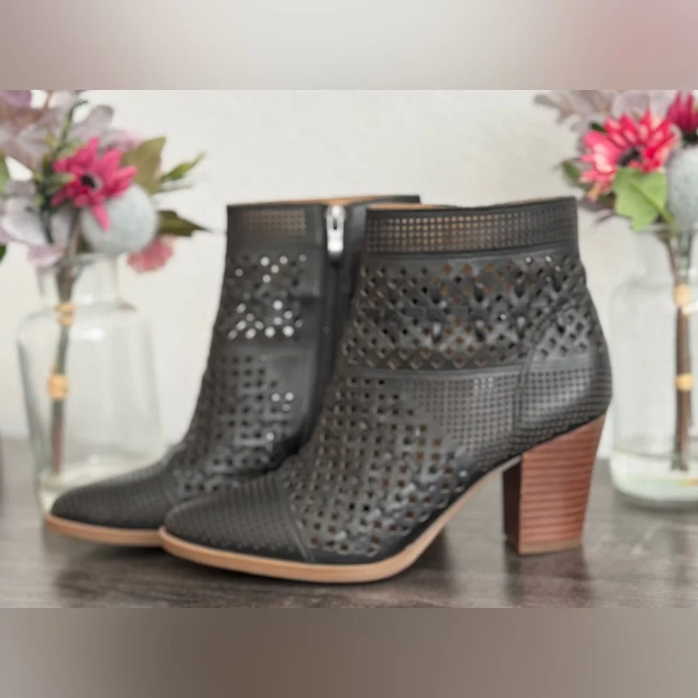 Franco Sarto Black Perforated Leather Ankle Boots - Picture 4 of 8
